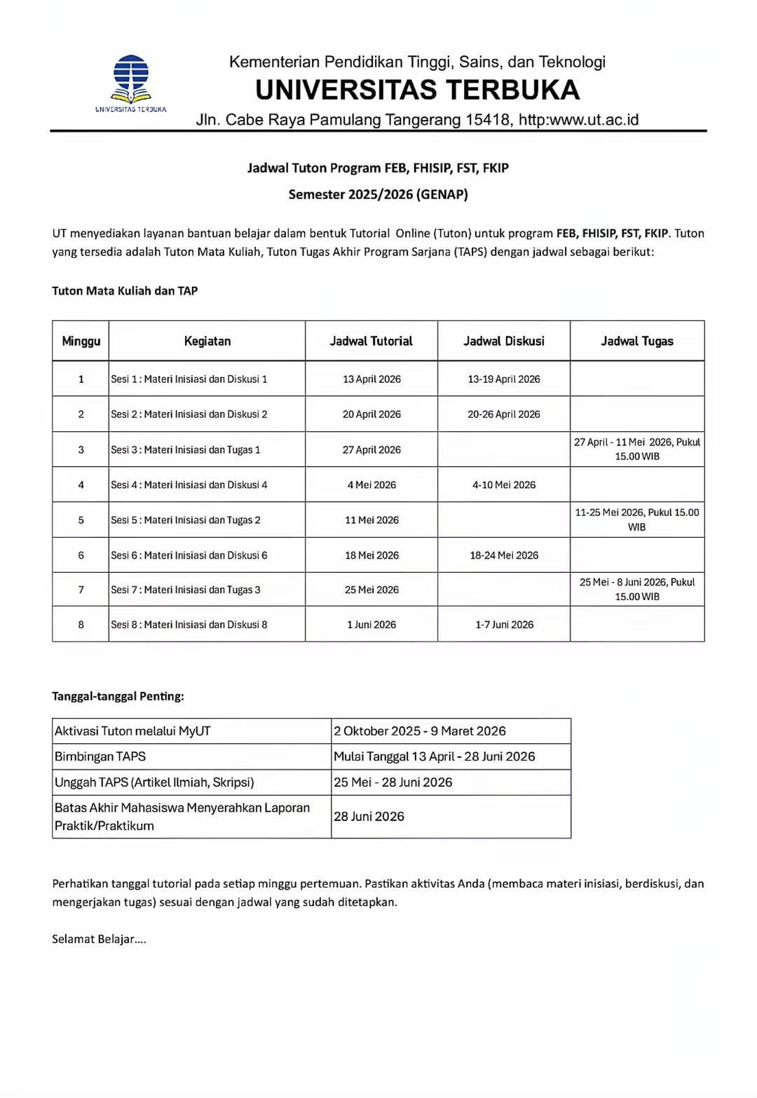 Jadwal Tuton Mata Kuliah dan TAP